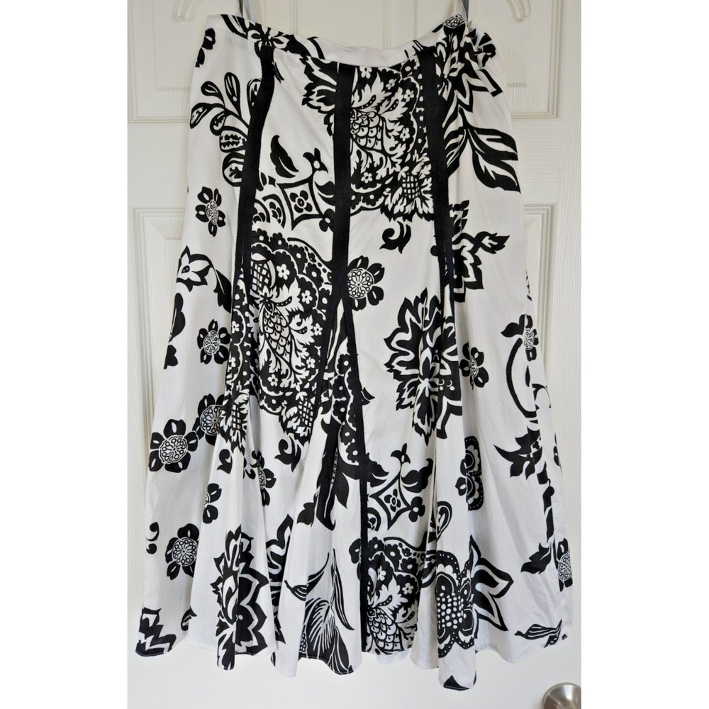 Gerry Weber Womens Black White Floral Cotton Midi Skirt Size 12 Lined A-Line